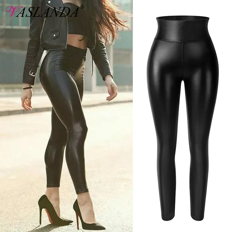 Vaslanda-pantalones de tubo de cuero PU para mujer, Leggings ajustados sexys, de cintura alta, con Control de barriga