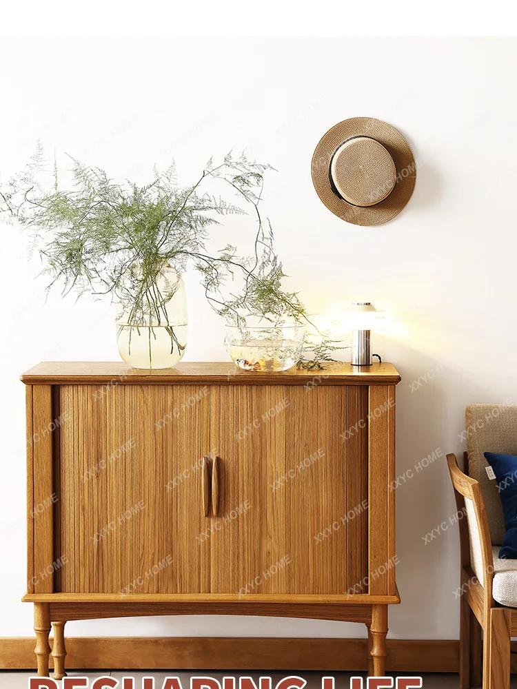 TY Old Teak Wood Rolling Shutter Door Entryway Cabinet Antique Style Shoe Cabinet Living Room Solid Wood Storage Cabinet