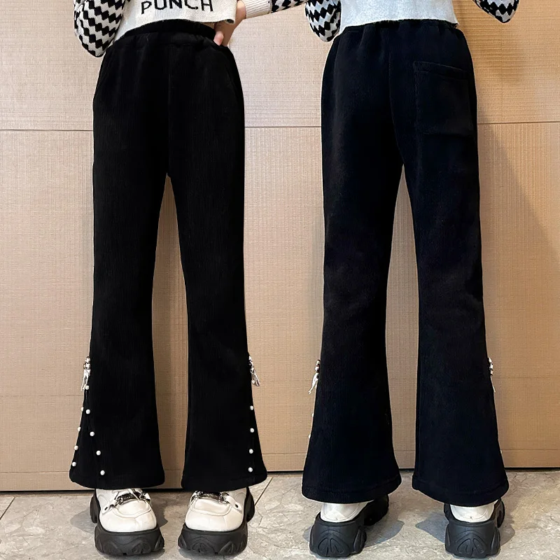 طفل الشتاء مضيئة السراويل فتاة الدافئة عارضة التمهيد قطع السراويل الحرارية مع الصوف مبطن الاطفال الأسود سميكة معزول Sweatpants 5-14 #3