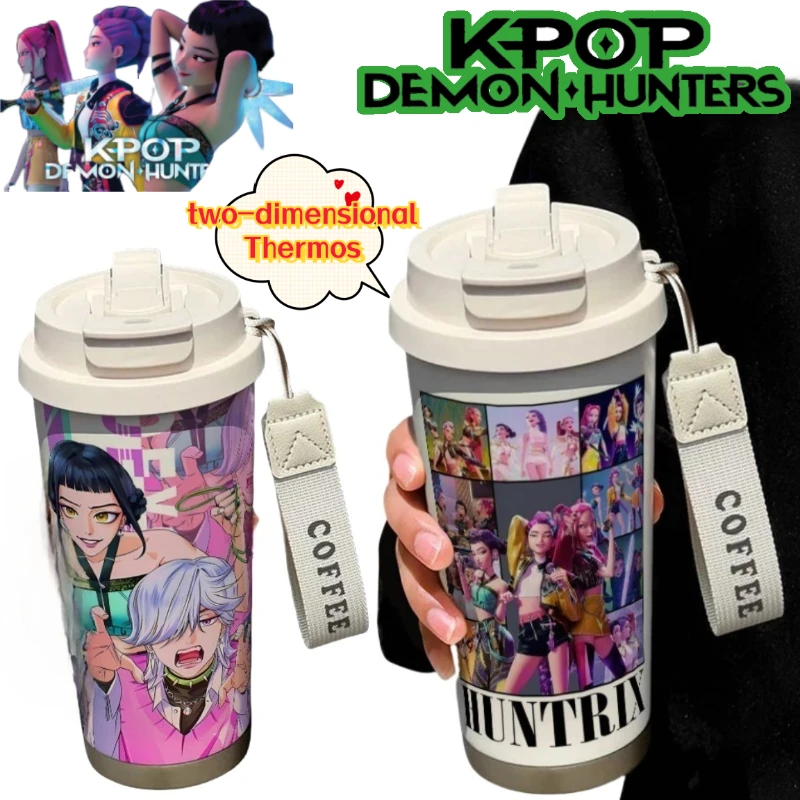 แก้วน้ำสแตนเลสเก็บความร้อนลายการ์ตูน KPop Demon Hunters Zoey Rumi สำหรับใช้ที่บ้านและที่ทำงาน ความจุขนาดใหญ่ เหมาะสำหรับดื่มกาแฟยามบ่าย