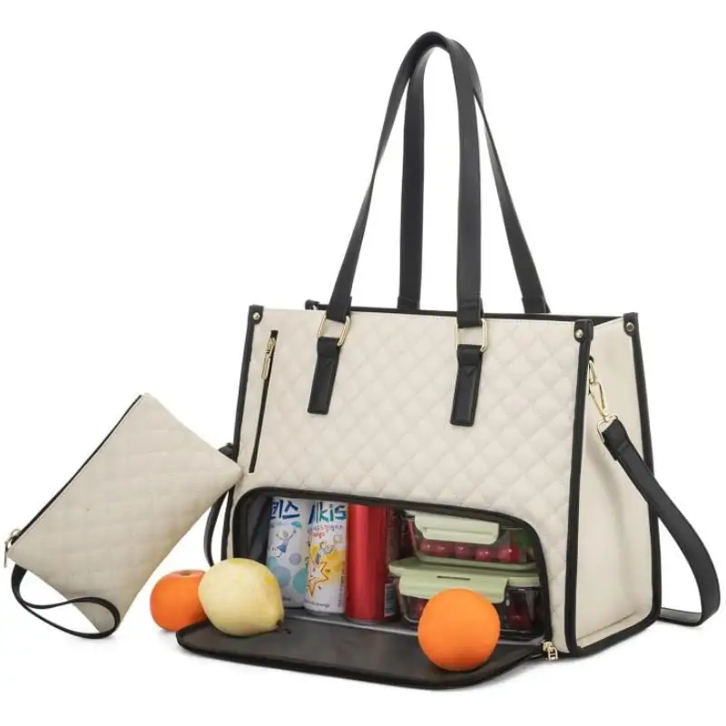 

2 In 1 Travel Tote Bag with Lunch Compartment Insulated Leak-Proof Fruits Drink Snacks Container Shoulder Crossbody Computer Bag