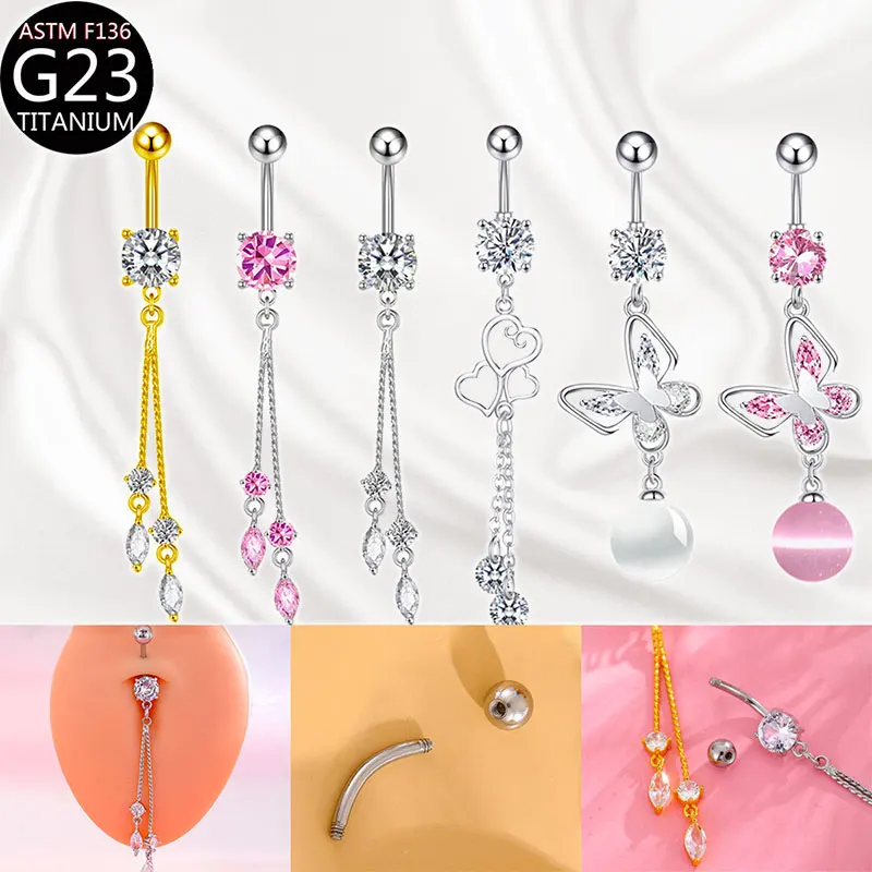 

ASTM F136 Titanium 14G Belly Button Ring Zircon Butterfly Heart Pendant Long Chain Dangle Navel Jewelry for Women Hypoallergenic