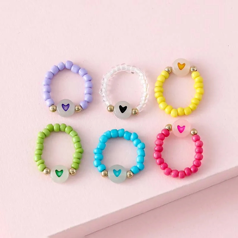 New 6Pcs/Set Handmade Noctilucent Beaded Rings For Princess Girls Summer Children Jewelry Wholesale Party Gifts Kids Gifts image 3