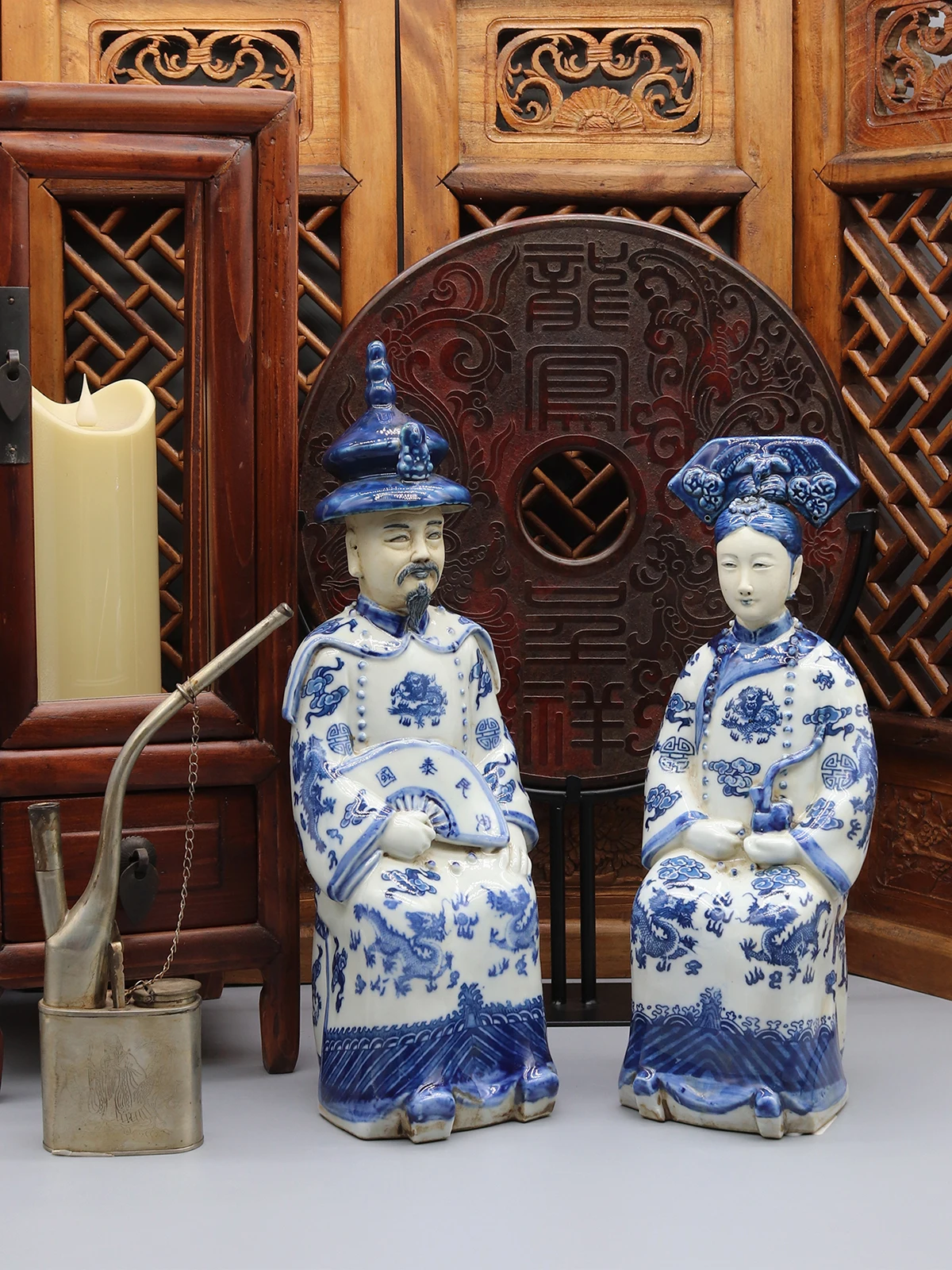 Keramik statuen des chinesischen Kaisers und der Kaiserin in der Qing-Dynastie, Hochzeits geschenk, Heim dekoration – Detail 2