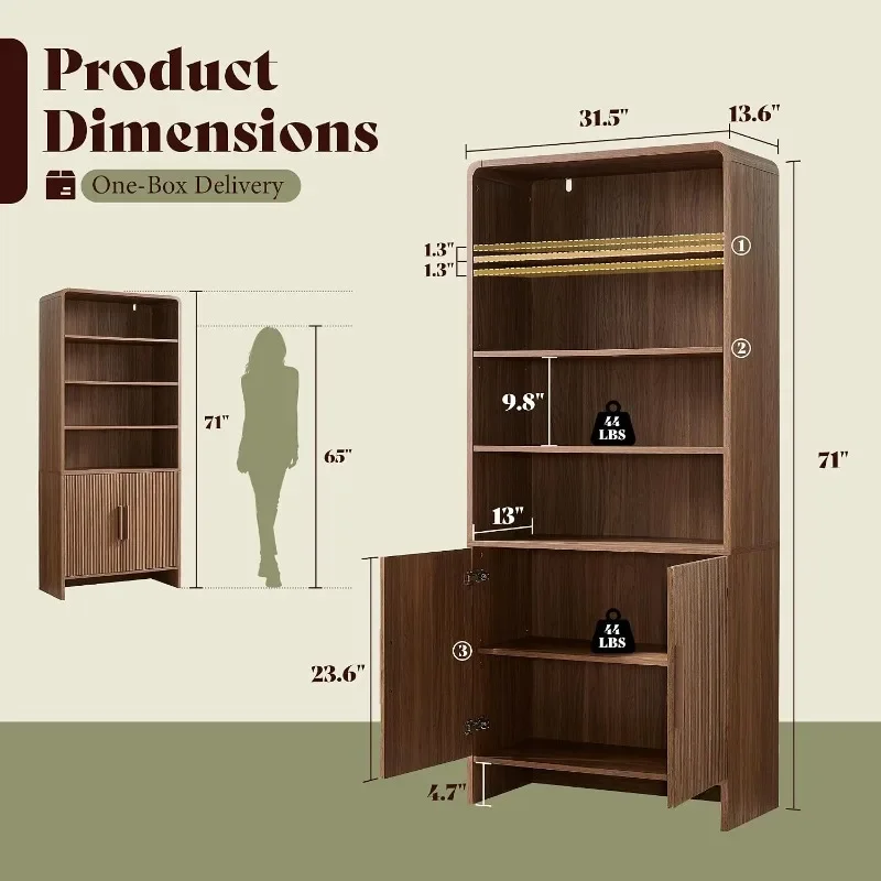 AMERLIFE Modern Bookcase with Storage Cabinet 3 Adjustable Shelves & Fluted Doors, Wood Curved Display Cabinet for Living Room