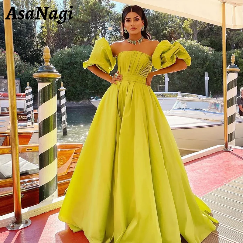 

AsaNagi Elegant Strapless Prom Gowns Women's Pleated Puff Sleeve Party Evening Gown A Line Floor Length Special Occasion Dress