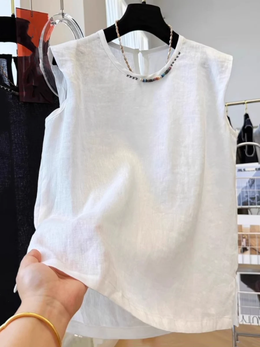 Ele Retro Linnen Vest Dames Zomer Los Casual Geborduurd Ronde Ne Katoen Linnen Svel Kleine Irt Top