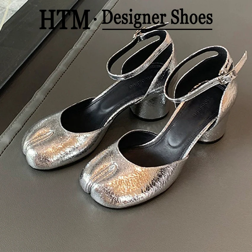 Tabi-Sandalen für Damen, Markendesigner, mit Kreuzriemen, Schnalle, Slingback, klobige High Heels, 5 cm, elegante Mary-Jane-Schuhe mit geteilter Zehenpartie