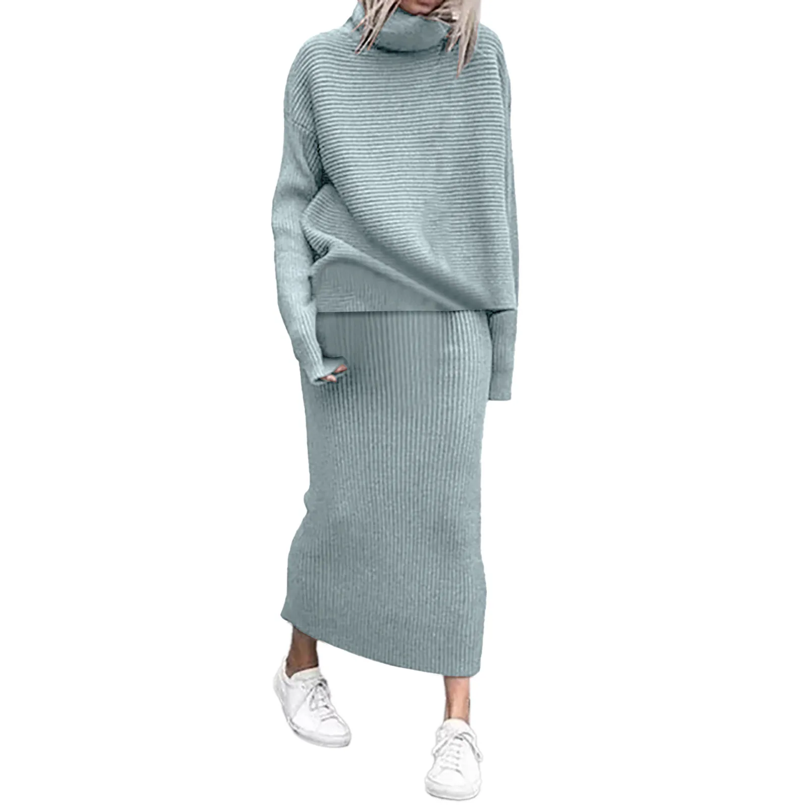 Two Piece Skirt Sets Knit Sweaters Spliced Full Sleeve Turtleneck Long Skirts Suits A Line Matching Set Solid Loose Fit Sports