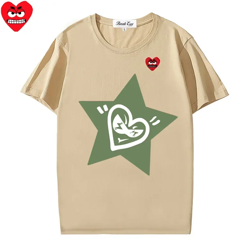 Star Printing Women Men T-shirt Cotton Cute Snag Heart Embroidery O-neck Short-sleeved Straight Summer T-shirt