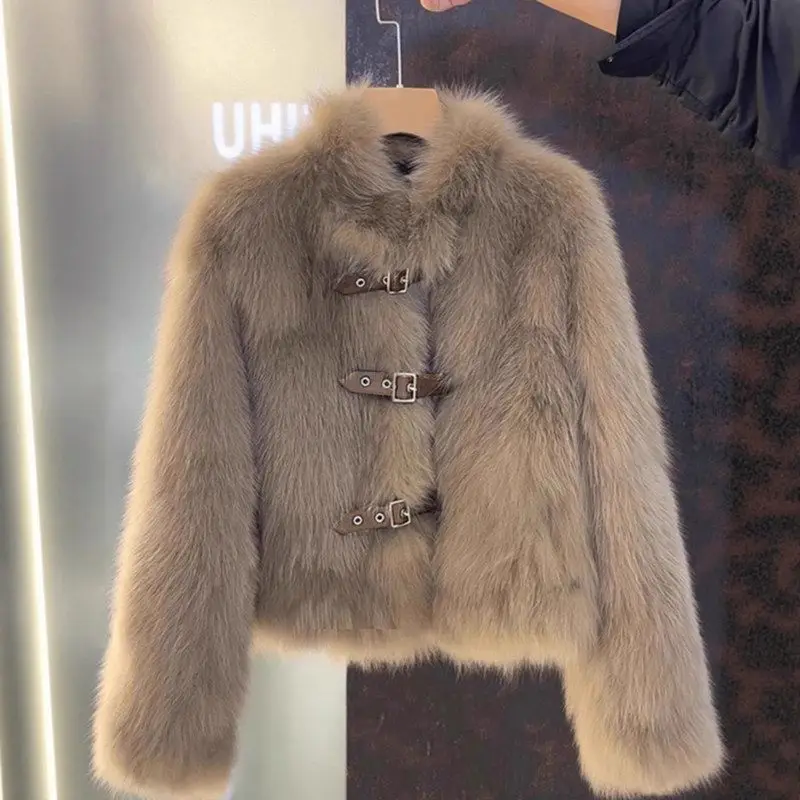 Abrigo de Piel para Mujer, Nuevo Modelo de Invierno, Largo, con Cuello Alto, de Cuero y Piel Sintética, Estilo Británico, Elegante