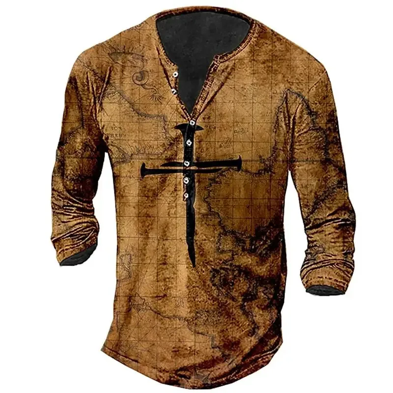 Vintage V-hals Henley Shirt Navigatie 3d Gothic T-shirt met lange mouwen voor mannen 5xl Oversized Tops T-shirt Man Punk Streetwear