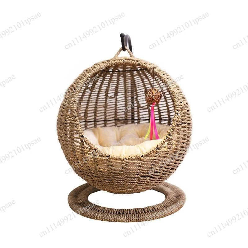 Semi enclosed pet hammock, cat bed cage, circular hanging bed basket, rattan, suitable for all seasons