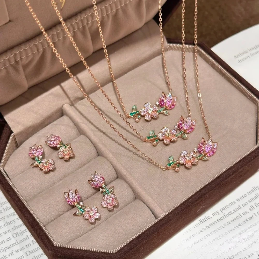 925 Sterling Silber Halskette mit Farbverlauf Rosa Diamantblume, Vintage Ohrstecker, Edelstein-Set für Damen – Detail 1