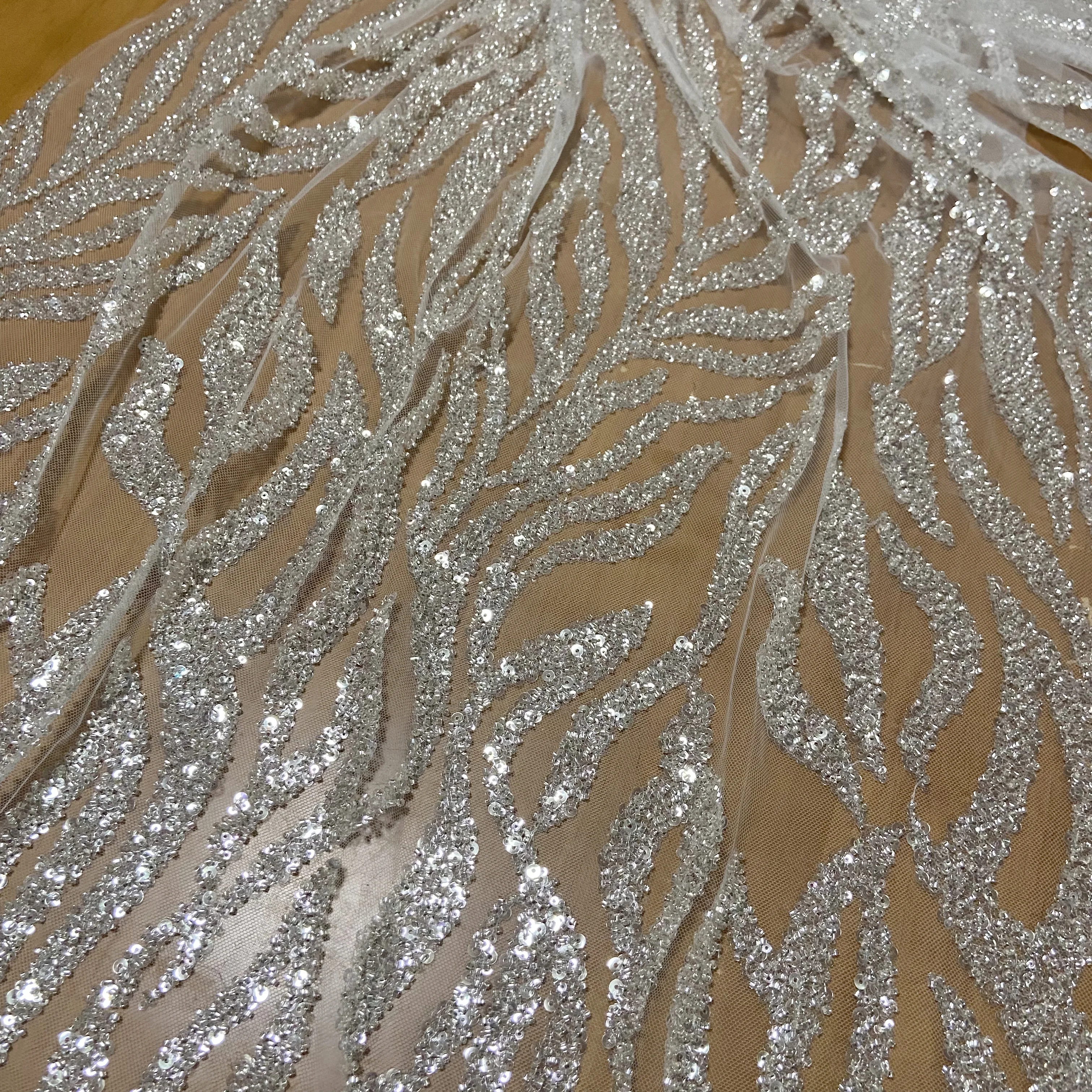 5Yard New High-End Nail Bead Sequins Lace Fabric Crystal Silver Dress Wedding Dress