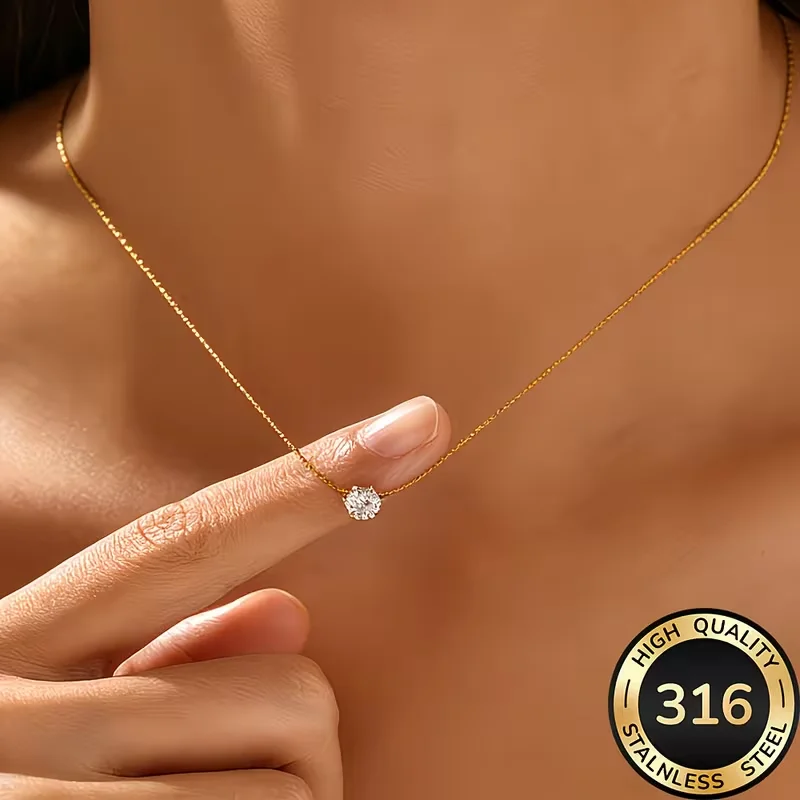 Stainless Steel Gold Plated Dainty Minimalist Zircon Charm Anti Tarnish Chain Round Clear Cz Stone Necklace for Women Accessorie