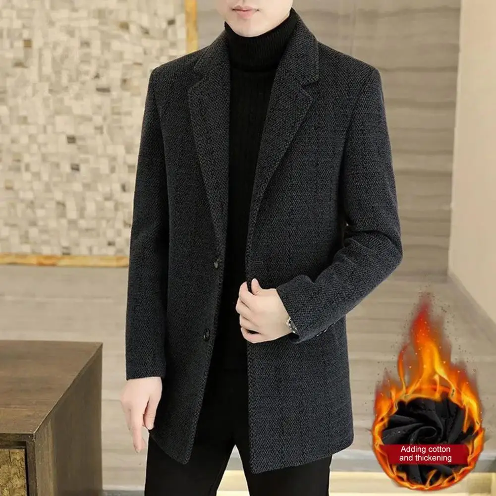 

2026 Men Woolen Coat Lapel Long Sleeve Single Breasted Jacket Coat with Pockets Solid Color Loose Fit Casual Outerwear Cold Weat