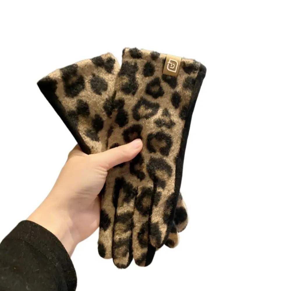 Cashmere Leopard-print Gloves Cold-proof Keep Warm Ladies Driving Gloves Touch Screen Windproof Mittens Outdoor Activities