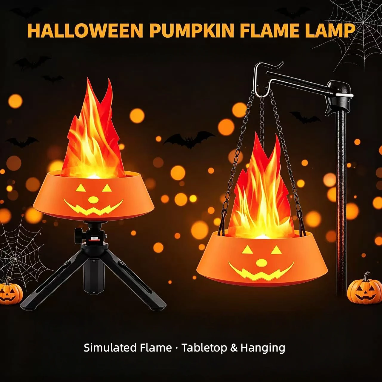 Halloween Pumpkin Simulated Flame Lamp Rechargeable LED Flickering Light Tabletop & Hanging Party Decor