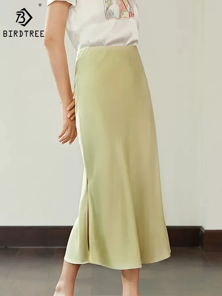 BirdTree, 92% Real Silk Elegant Skirt, Women Solid A-Line Side Slit, Versatile Satin Homewear Skirt, 2024 Spring Summer B43603QM