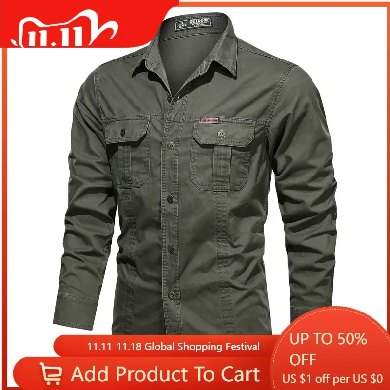 Men Multi-pockets Tooling Shirts Military Outdoor Long-sleeved Shirts High Quality Male Cotton Casual Large Size Shirts 6XL