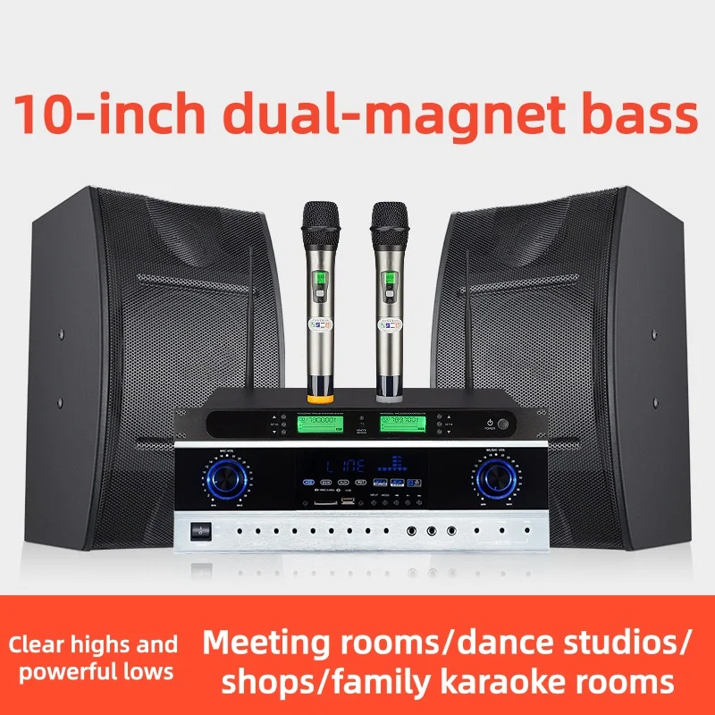 Full Set Karaoke Sound System 10'' Dual Magnet Bass Speakers Bluetooth Amplifier 2 Wireless Handheld Mics for Bar Home Party