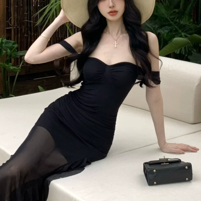 เดรสยาวทรงเมอร์เมดเข้ารูป ผ้าตาข่ายต่อผ้า คอร์เซ็ท สายเดี่ยว เปิดหลัง เซ็กซี่ จับจีบ ทรงเข้ารูป สไตล์วายทูเค สำหรับงานปาร์ตี้