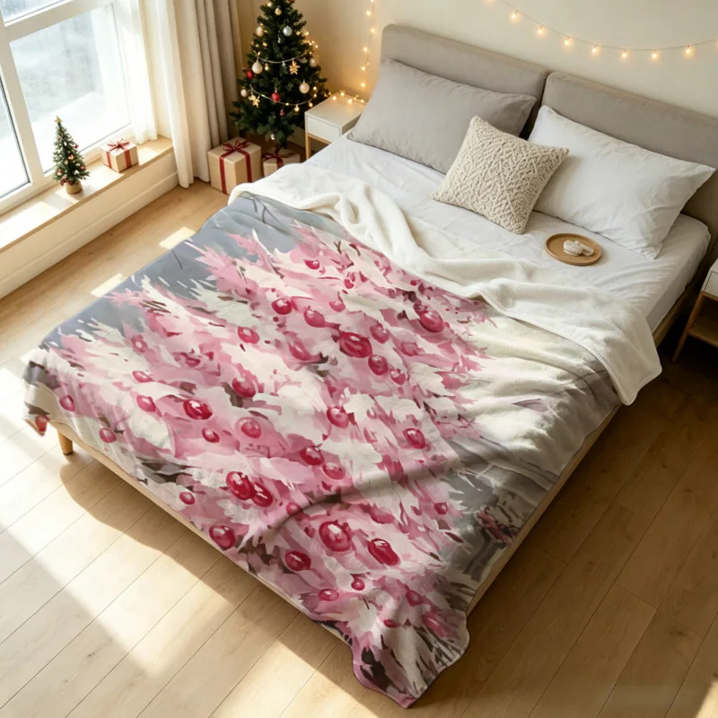 Pink Christmas Tree Ornaments String Lights Flannel Throw Blanket, Gifts 2D Flat Single-Sided Printed Holiday Decorative Blanket