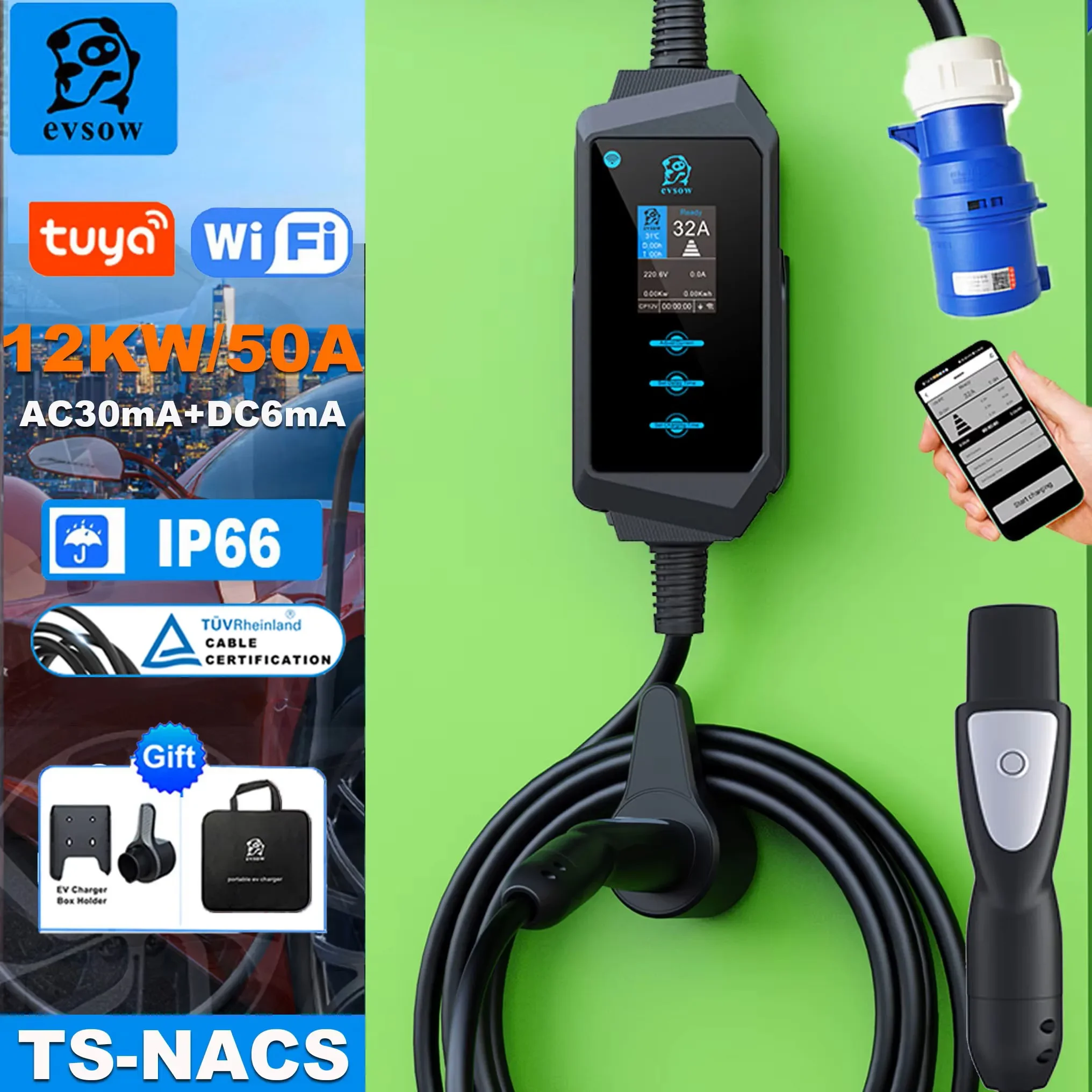 evsow Portable EV Charger TS-NACS With WIFI APP Control Adjutable  Current&Set Time 12KW 50A Electric Car Charger For Model X/Y