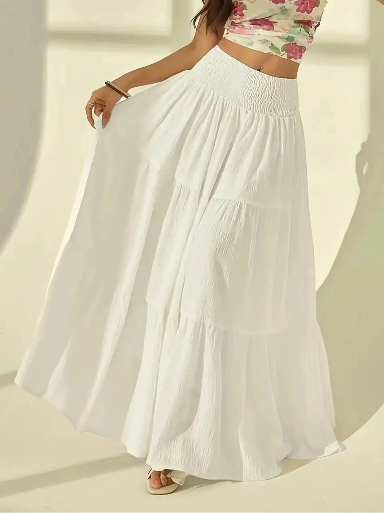 تنورة نسائية طويلة عصرية ذات طبقات مقاس كبير، كاجوال بلون سادة، خصر مرن، نصف تنورة للسيدات، تاريخ العطلة أو العطلة