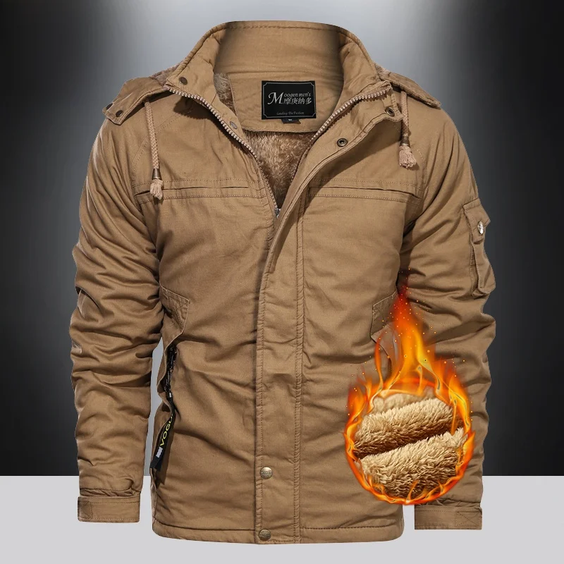 

Мужская хлопковая куртка средней длины на флисовой подкладке, повседневное уличное пальто с множеством карманов, приталенный крой, модный городской стиль