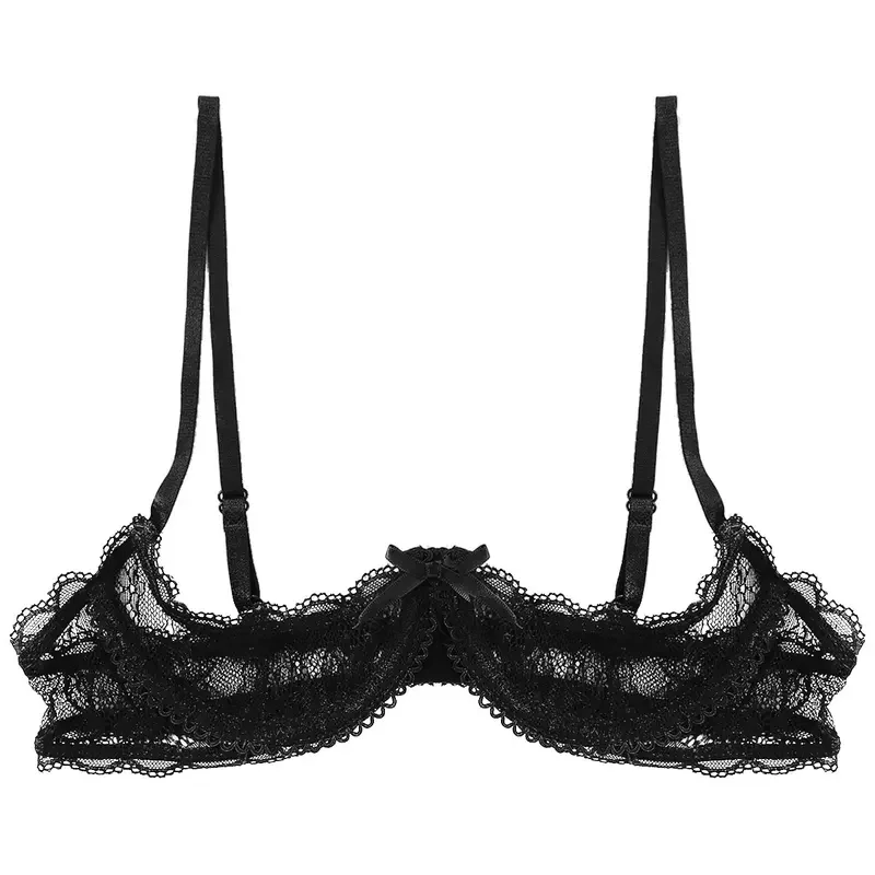 RT01 Womens Sheer Lace Bra Tops Lingerie 1/4 Cups Bare Exposed Breast Underwire Push Up Adjustable Spaghetti Straps Bralette&Gf1