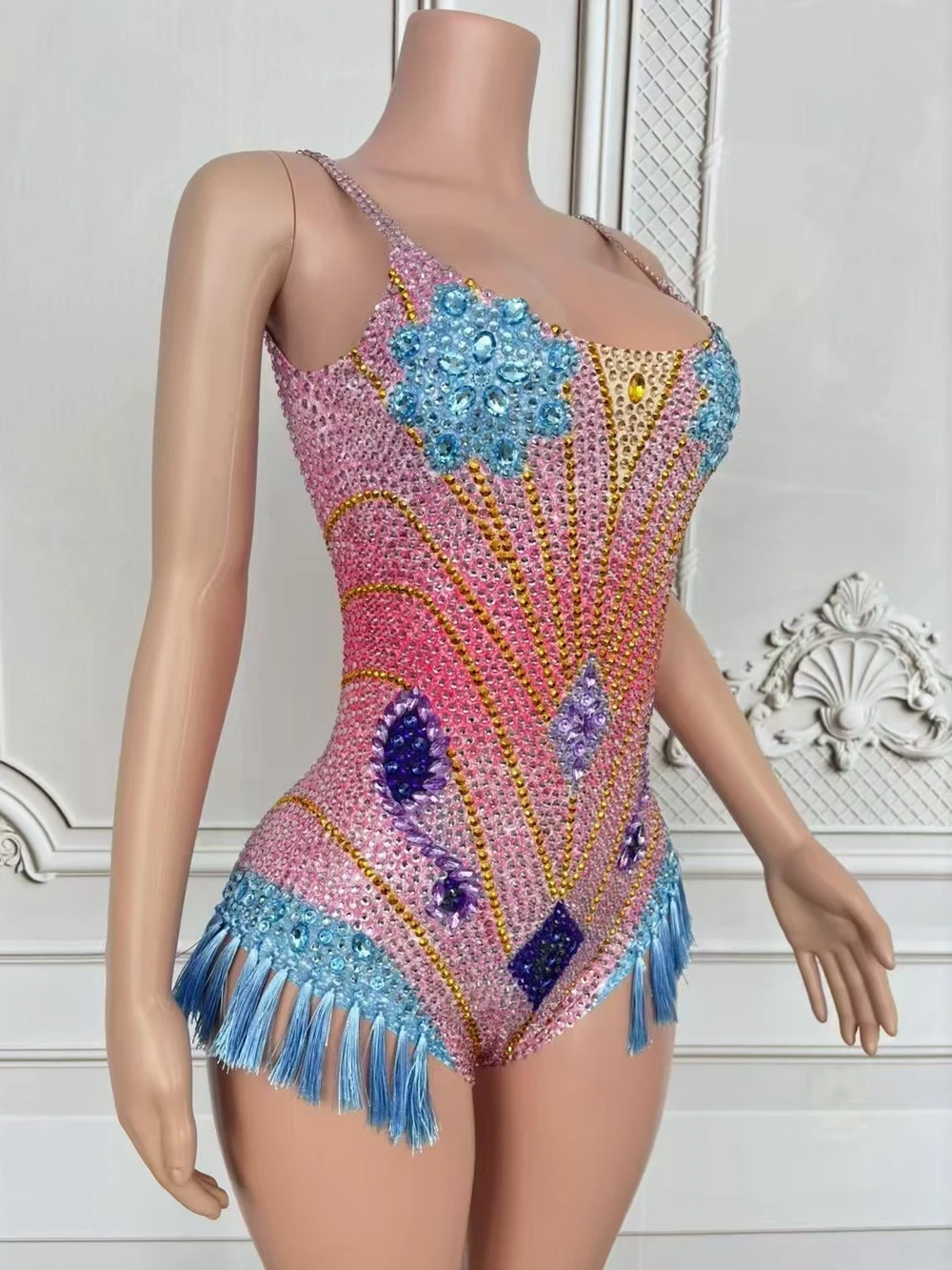 Sparkly Rhinestones Tassel Strip Bodysuit Women Sexy Show Performance Dance Costume Nightclub Outfit Singer Dancer Stage Wear