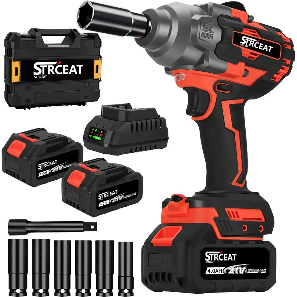 

Ударный гайковерт 1000 Нм, бесщеточный, 1/2 дюйма, 737 фунт-фут, с 2 аккумуляторами 4.0 Ач, 6 насадками и удлинителем, 21В, высокомоментный