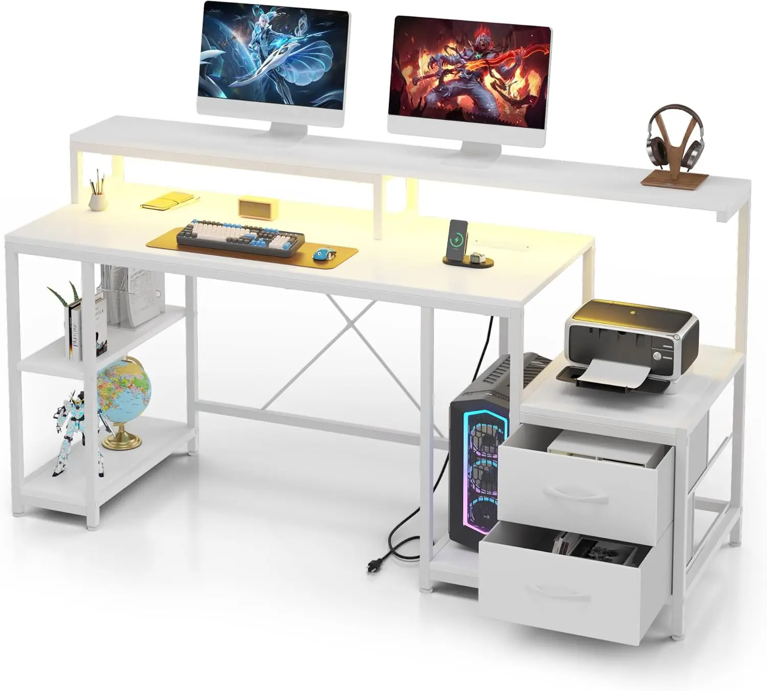 Modern 63'' Home Office Gaming Desk with File Drawers, LED Light, Printer Space&Monitor Stand - White - Ideal for Work and Games