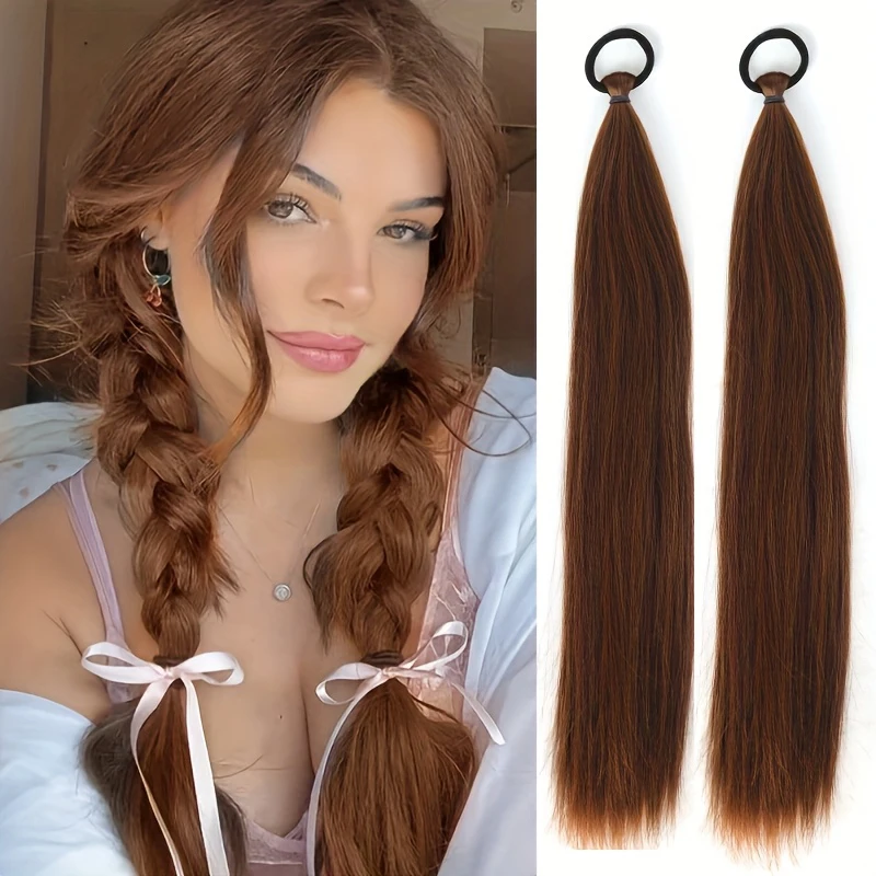 2 Pieces of Long Straight Braidable Ponytail Wigs Made from High-Temperature Resistant Synthetic Material  Ideal for Women Use