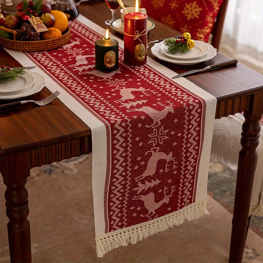 1pc Christmas Elk Table Runner Living Room Dining Room Rectangular Gift Box Tablecloth Napkin Table Cloth,Suitable for Household