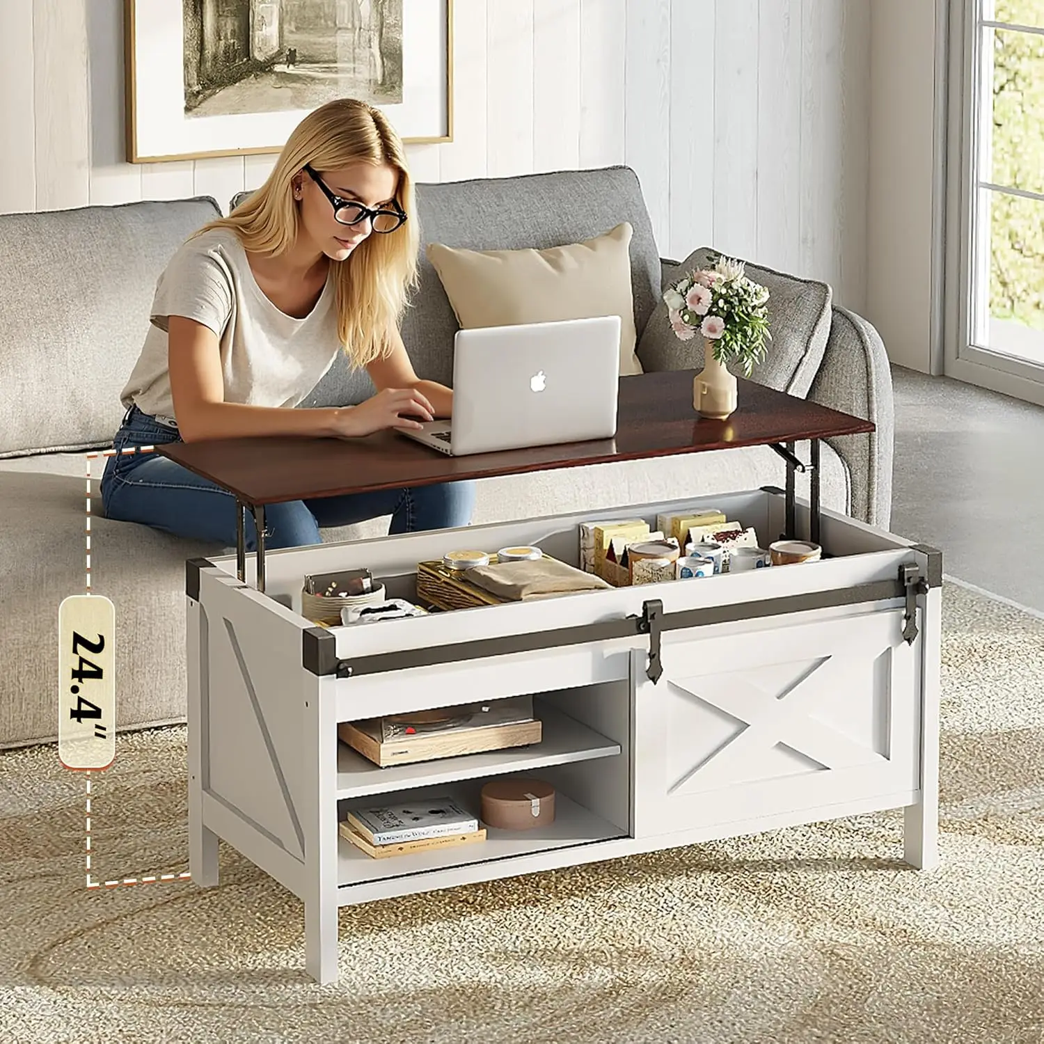 Lift Top Coffee Table, 39.4" Farmhouse Coffee Table with Large Hidden Storage Compartment, Sliding Barn Doors, Customized