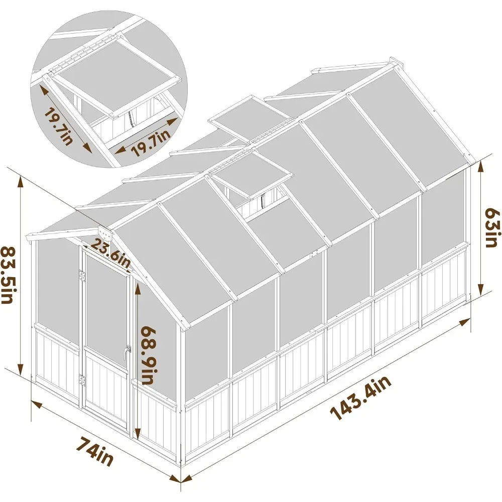 6x12 FT Greenhouse, Polycarbonate Wooden Walk-in Green House with Lockable Door and Adjustable Roof Vent, Greenhouse