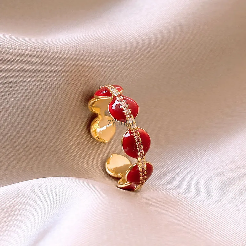 Zircon micro-inlaid red ring, female niche index finger ring, light luxury high-end open ring, little finger tail ring.
