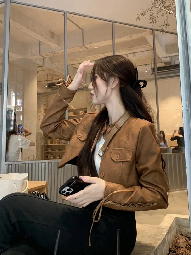 Chuanxi Travel Vintage Brown PU Leather Jaet Long Sve ort Motorcycle Sle Women's Top round Ne Button Closure