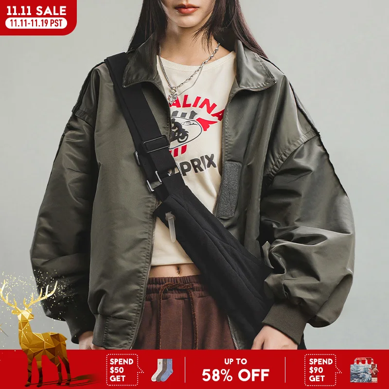 Maden Retro MA1 Pilot Jacket Casual Loose Fit turn-down Collar Green Short Baseball Coat for Women's Autumn with Pockets Outwear