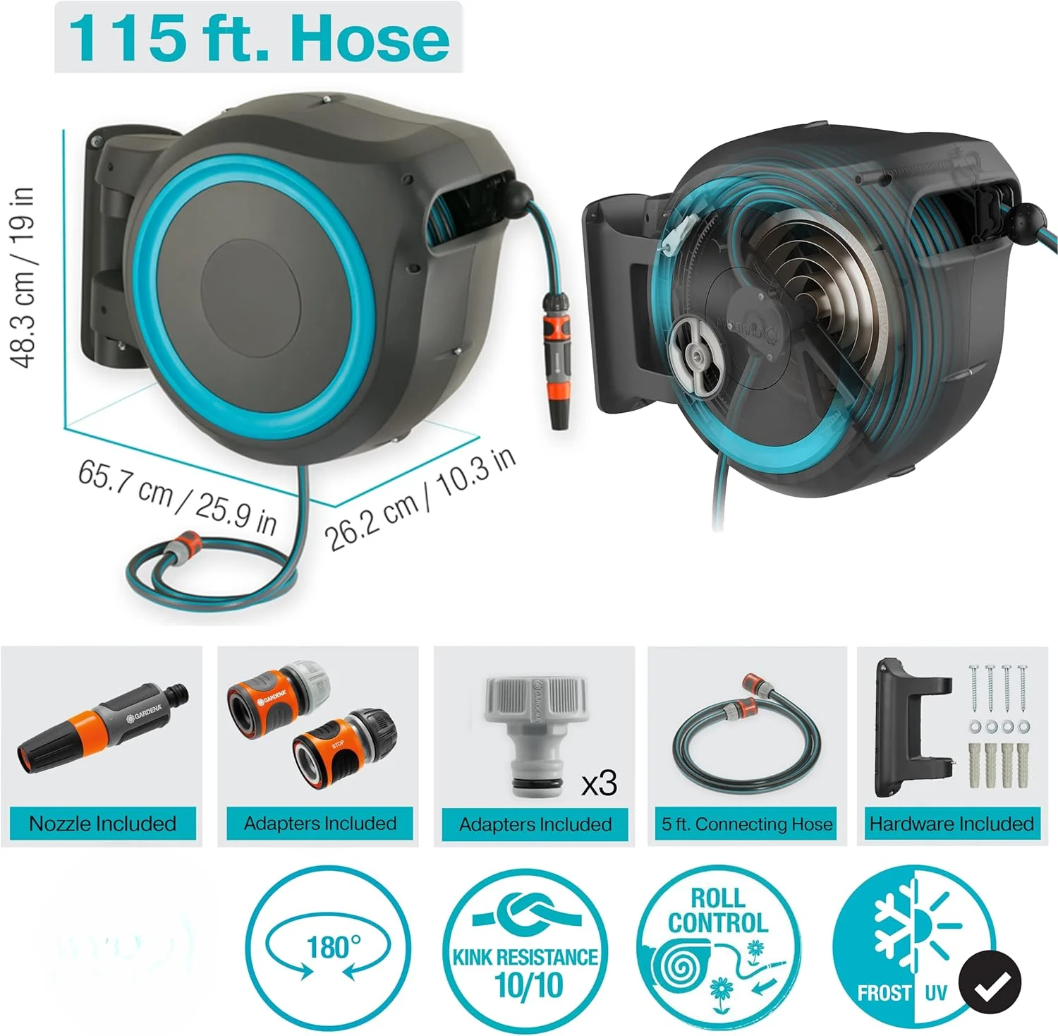 115' ft. Wall Mounted Retractable Hose Reel, Black and Turquoise