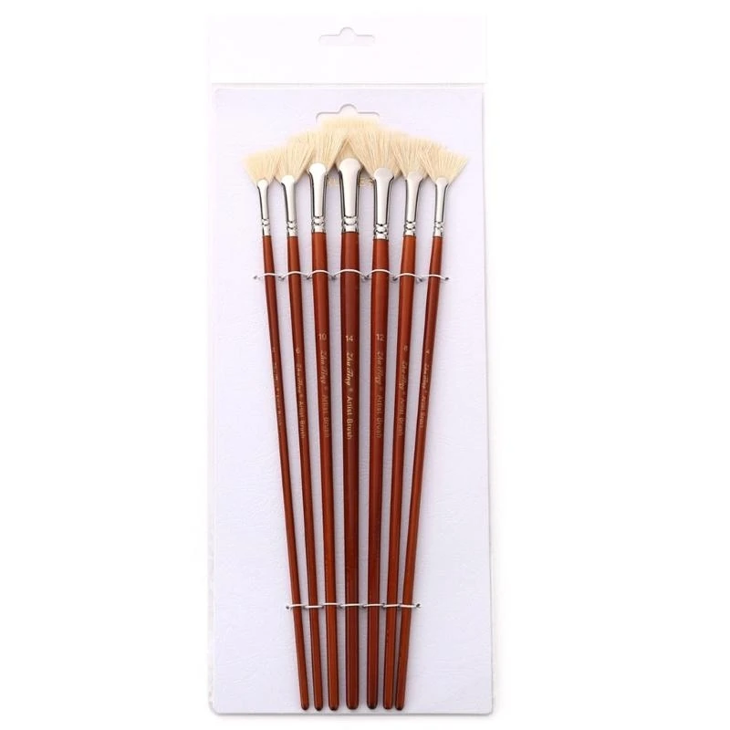 7-Pieces Fan Paint Brushes Set, Professional Artist Fan Brush Acrylic Paint Brushes with Bristle Hair Long Handle X37A