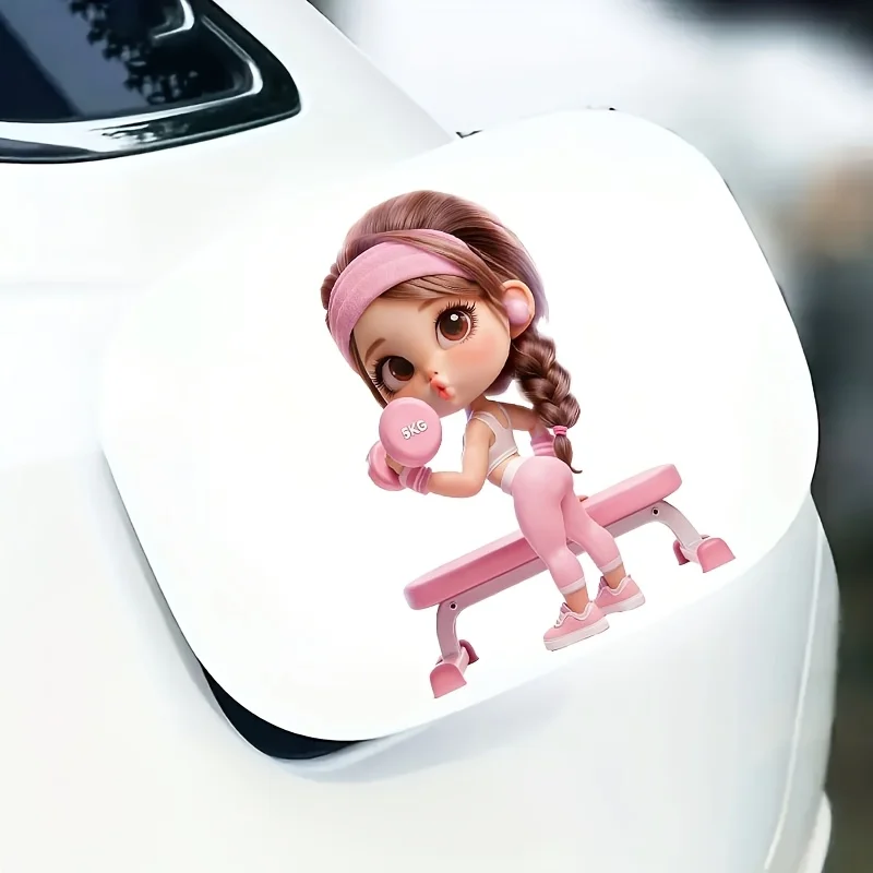 2D Flat 1Pc Pink Outfit Braided Fitness Girl With Dumbbell Waterproof Vinyl Sticker For Car Laptop Water Bottle Window Decor