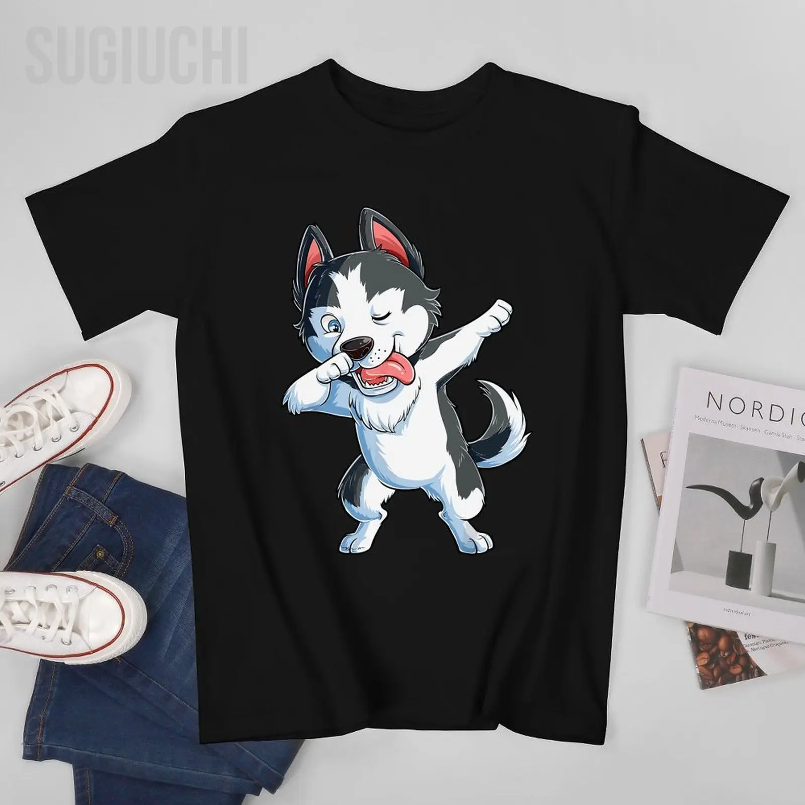 Unisex Men Dabbing Siberian Husky Dog Lover Dab Tshirt Tees T Shirts Women Boys 100% Cotton T-Shirt