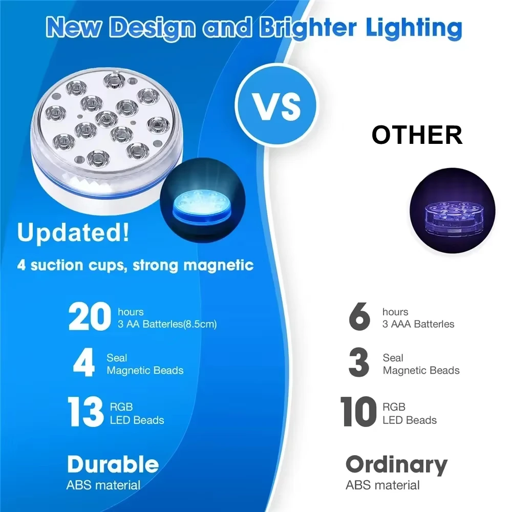 Submersible 13LEDs Lights Waterproof Underwater RGB with Remote Control Colour-Changing Light, Battery-Operated Flameless Lamps