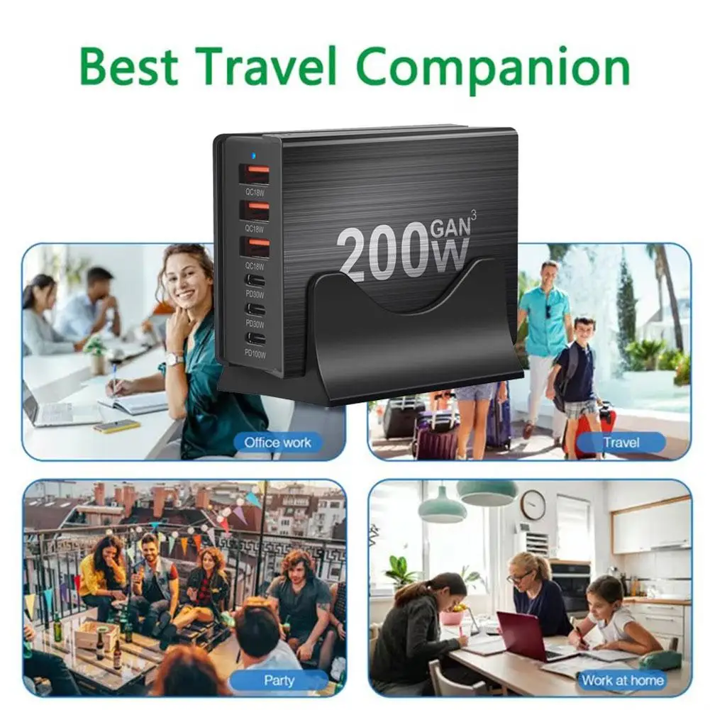 200W PD Charger 6 Ports Support Multiple Devices Charging Short Circuit Overheat Protection For Mobile Phones Computers Cam I5I9