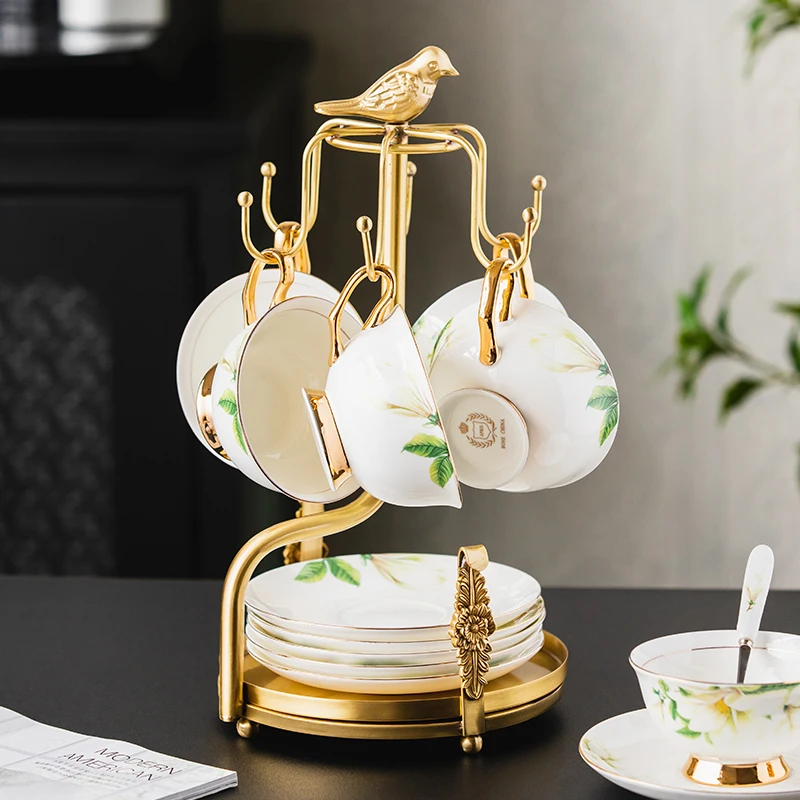 Coffee cup rack European light luxury brass household cup and saucer storage hanger living room dining table