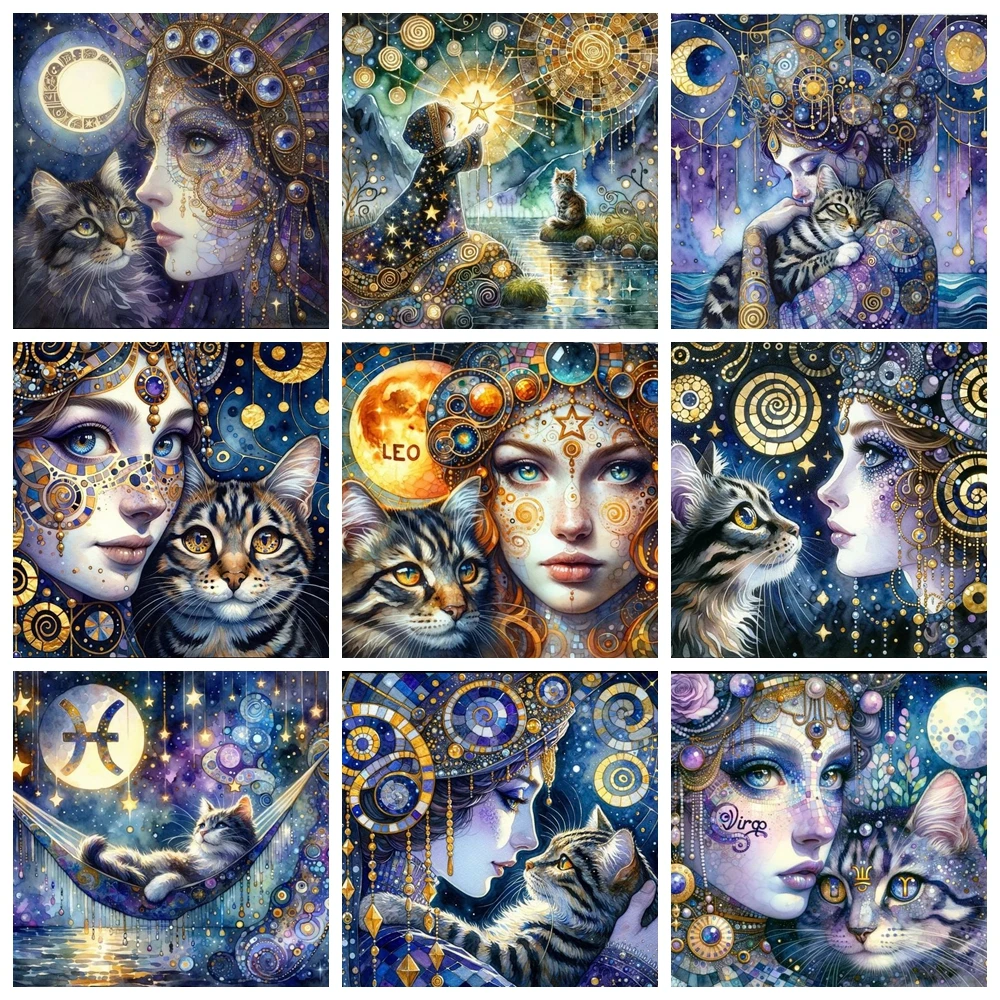 Gotische Frau Katze Tierkreis Diamant Malerei 5d DIY Kunst Mosaik Stickerei Konstellation Astrologie Kreuz stich Neuankömmlinge Geschenk